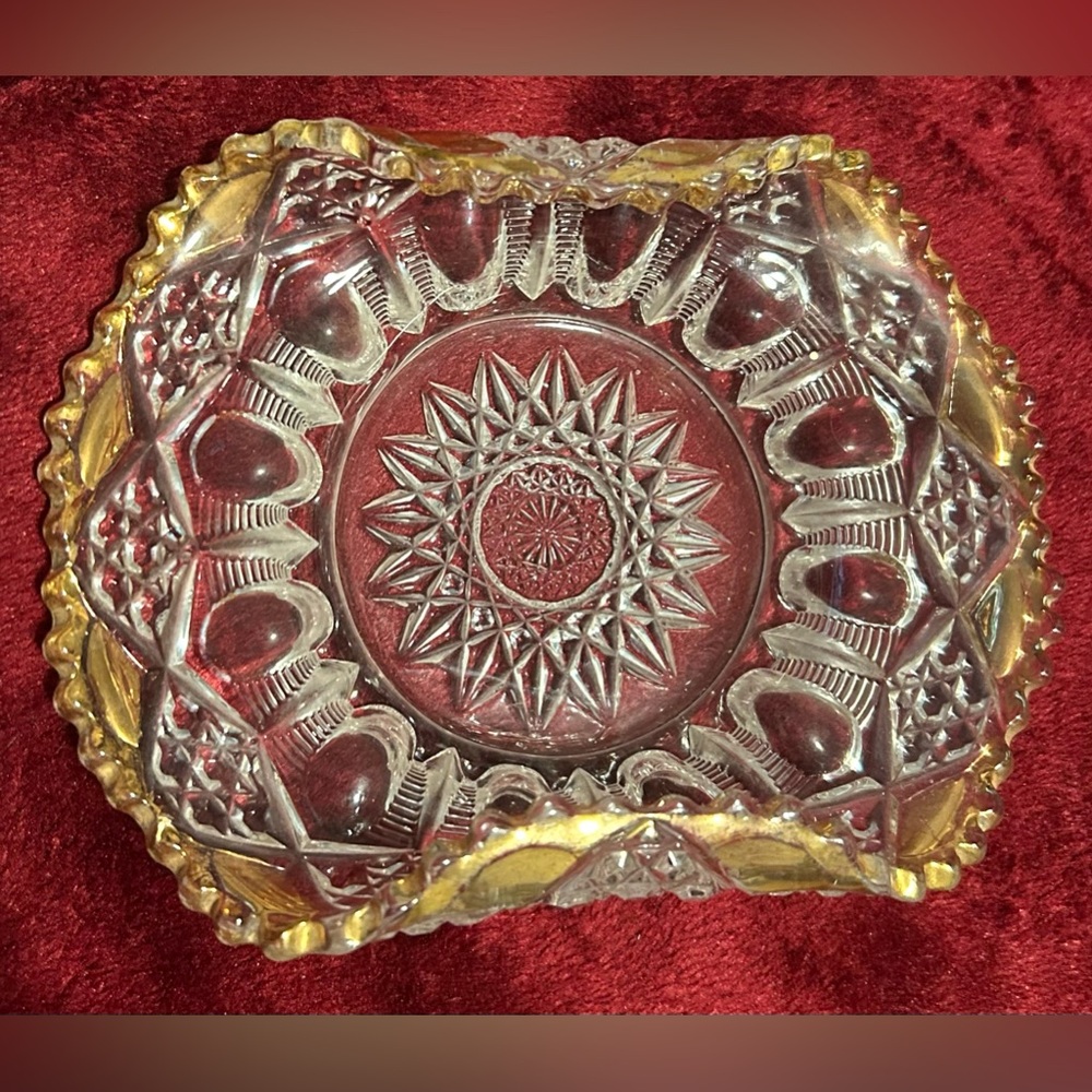 Vintage Etched Glass Candy Dish Trimmed In Gold